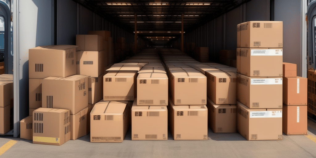 The back of a truck trailer brims with neatly stacked cardboard boxes, revealing packages stretching into the distance. This precise organization reflects the efficiency often associated with systems like UPS Worldship in a busy warehouse or loading dock area.