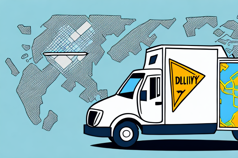 Illustration of a delivery van with an open back, revealing packages. A world map with highlighted routes displays in the background, providing insight into understanding couriers. The van features a yellow warning sign with indecipherable letters. The color palette includes blue and gray tones.