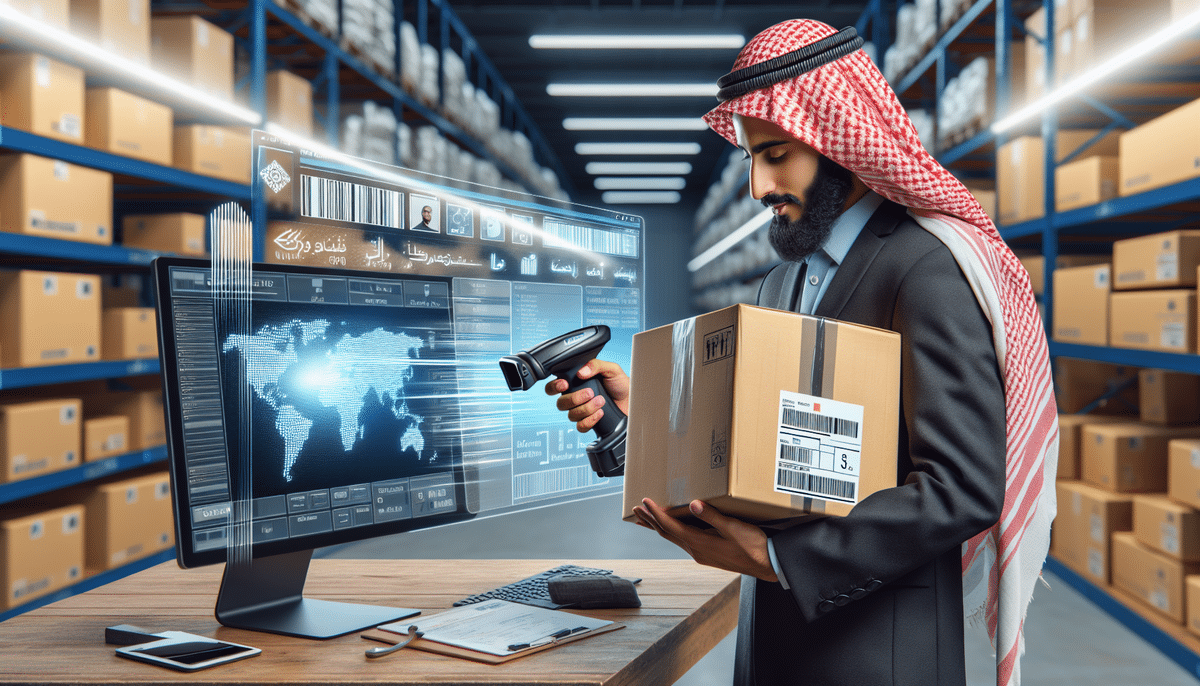 A man in a warehouse, clad in traditional Middle Eastern attire, efficiently scans a package with a barcode scanner. Near him, an advanced UPS WorldShip display streams global logistics data. Behind him, shelves brim with boxes, showcasing seamless inventory management.