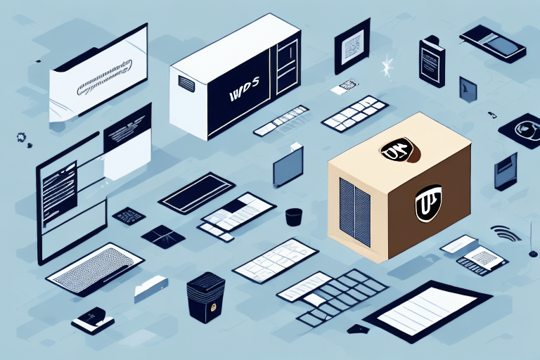 Illustration of a digital workspace with floating computer components, UPS Worldship installation guides, and storage units, including a desktop, keyboard, monitor, and other tech gadgets on a blue background.