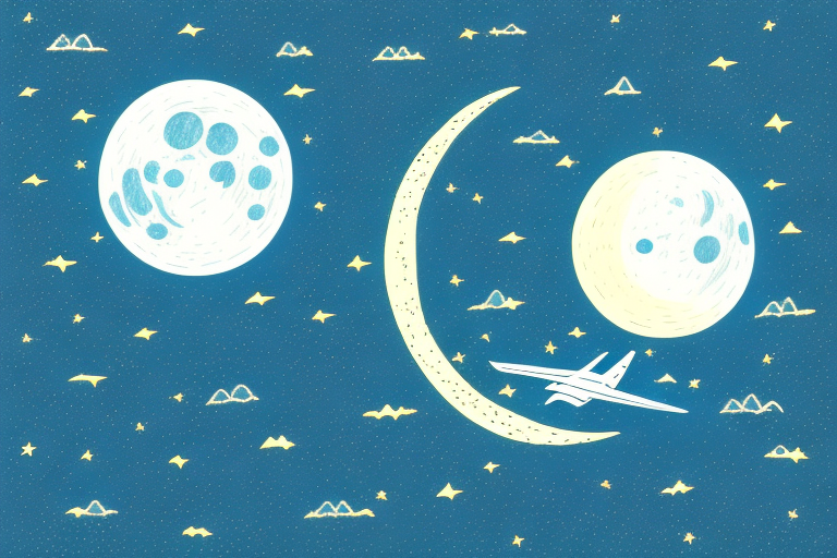 Illustration of a night sky with a large moon and crescent moon surrounded by stars. A small airplane, reminiscent of historic flights, glides among the celestial objects, creating a whimsical scene.