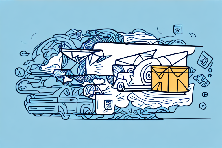 A whimsical illustration of envelopes, a truck, and boxes against a blue background highlights the benefits of an efficient courier system. The design features abstract patterns and shapes, conveying a sense of movement and communication.