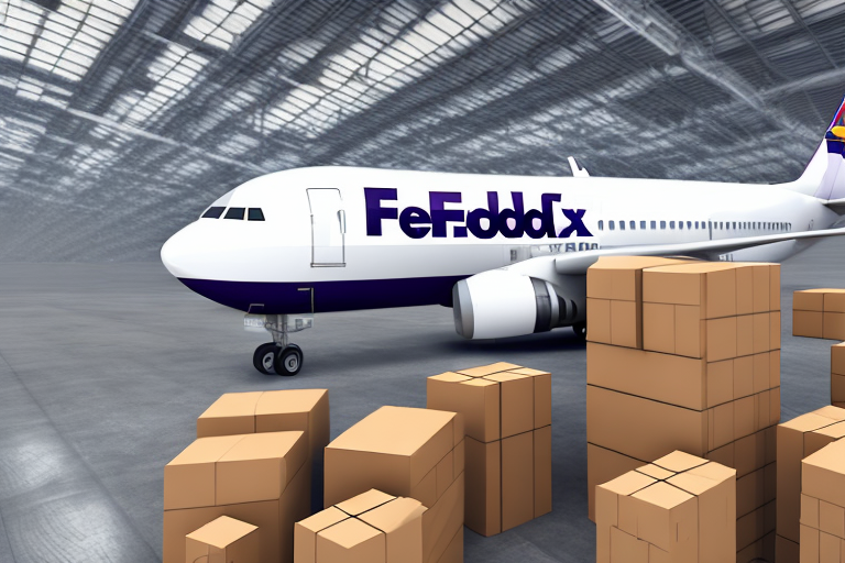 A cargo airplane labeled FeFeddaFx sits majestically in a spacious, well-lit hangar. Surrounded by stacks of cardboard boxes ready for shipping, the sleek modern design is accentuated by the shiny floor and the aircrafts pristine exterior, reminiscent of routes from the Philippines to Hawaii.