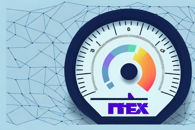 A stylized speedometer showcases a multicolored gauge with segments in blue, green, orange, and red. The background features a geometric pattern of connected lines. Perfect for meter configuration insights, the word MTEX is displayed below the gauge.