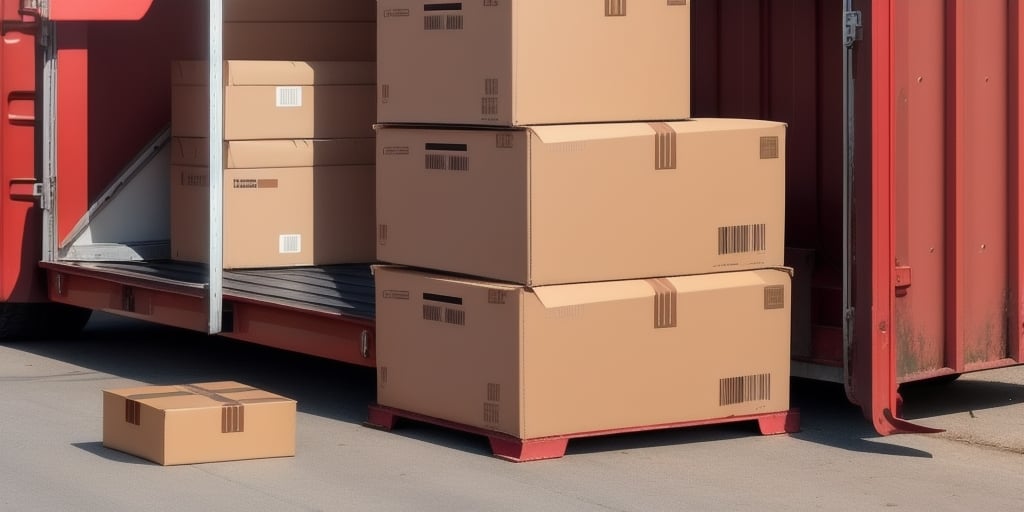 A stack of cardboard boxes is placed on a pallet next to an open red shipping container, reminiscent of the iconic UPS shipping rates poster. One smaller box sits on the ground beside the larger stack. The scene is set on a concrete surface under daylight.