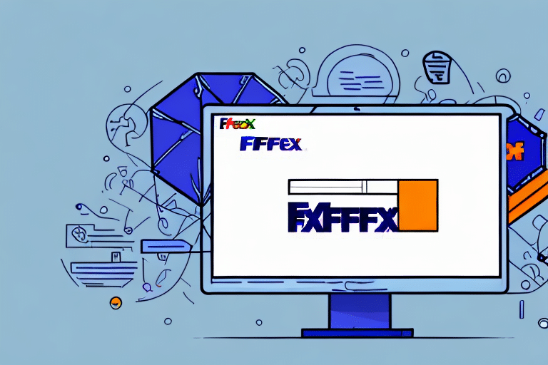 A digital illustration of a computer monitor displaying a distorted FedEx logo with extra F letters highlights a software stuck scenario. The background features abstract graphic elements and icons symbolizing digital communication, capturing the essence of a FedEx Ship Manager loading issue.