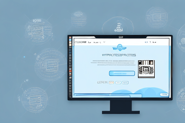 A computer monitor displaying a webpage with a barcode scanner interface for UPS WorldShip. The screen shows a blue and white color scheme with various icons, possibly guiding users on how to delete addresses. The background features faint, technical diagrams and blueprints.