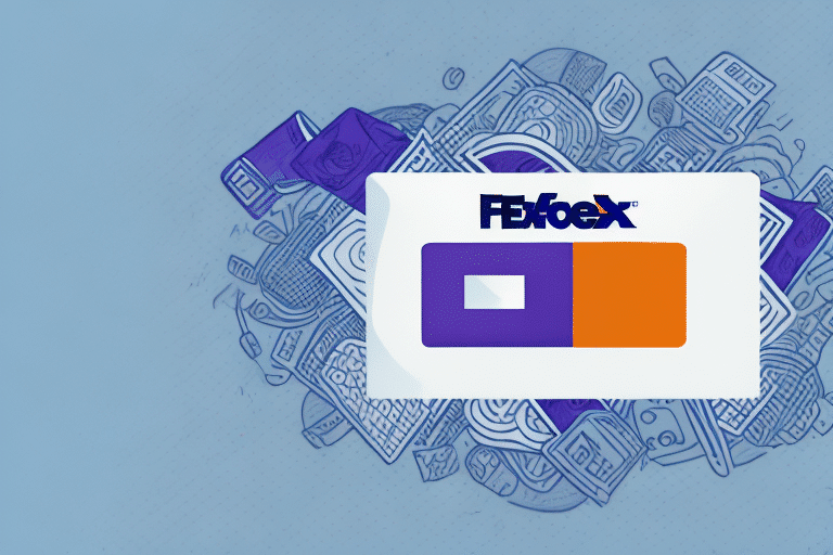 An envelope with the FedEx logo in blue and orange sits in front of a background filled with various outlined objects like gears, globes, and documents in shades of blue and grey, seamlessly integrating the innovative capabilities of FedEx Ship Manager.