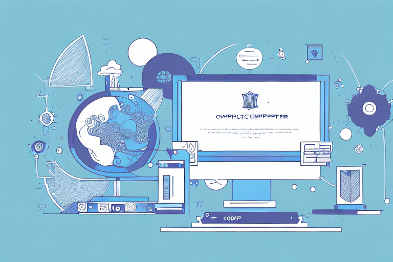 An illustration of a computer setup with a monitor displaying encrypted text. Surrounding the screen are technology and security icons, like a globe, gears, and a shield. The color scheme is predominantly blue and white, evoking the precision of systems like UPS Worldship or FedEx Ship Manager.