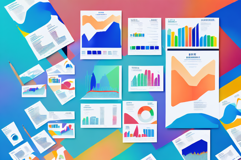A collection of vibrant infographics and charts displayed on a colorful gradient background. The designs include bar graphs, line charts, and pie diagrams, showcasing an understanding of various data visualizations in bold, dynamic colors like blue, orange, and green.