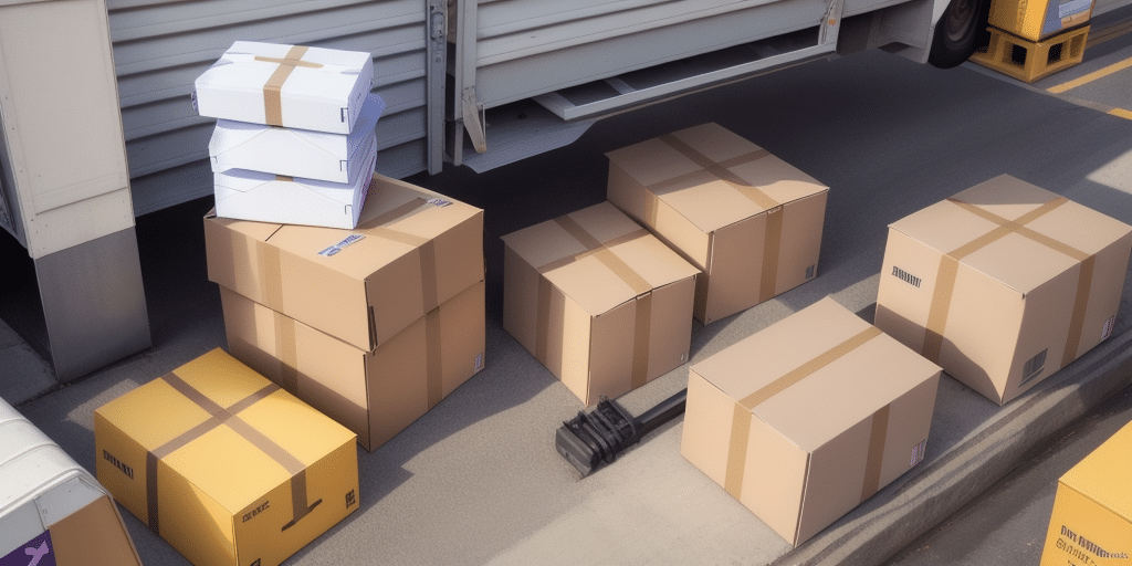 A collection of cardboard boxes, some taped shut, are stacked on the ground next to an open FedEx delivery truck. The scene indicates an ongoing loading or unloading process, with a few black items lying nearby and a label showing Change Sender Email requests.
