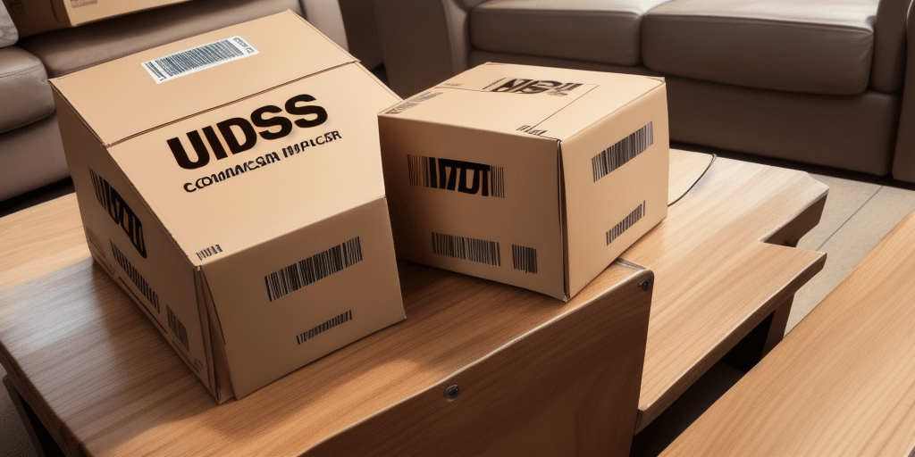 Two cardboard boxes with barcodes and text, likely processed through UPS Worldship for enhanced visibility, rest on a wooden coffee table in a living room. Beige couches provide the backdrop, creating a warm and welcoming atmosphere.
