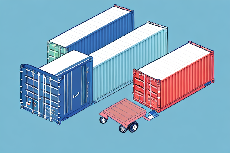 Illustration of four rectangular shipping containers in various colors: blue, white, light blue, and red. Showcasing the benefits of FOB shipment terms is a small red cart with wheels, set against a light blue background.