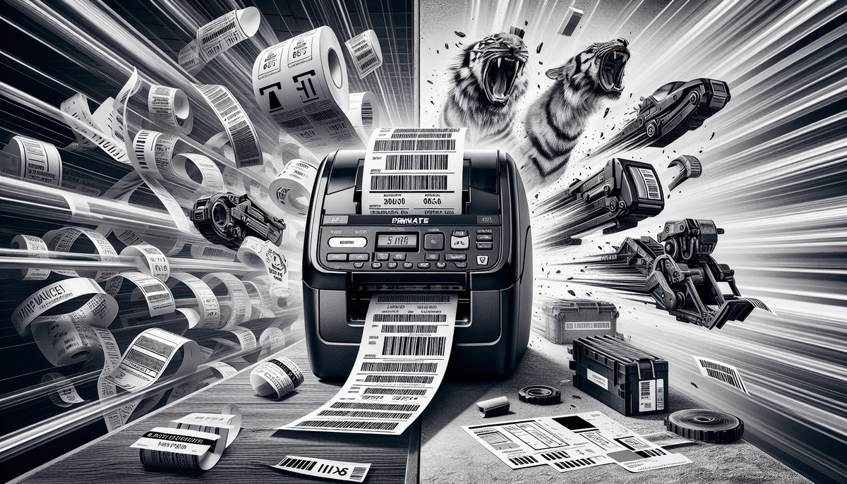 A dynamic, grayscale image of a Zebra ZP450 barcode printer ejecting labels rapidly. Labels, jaguars, robots, and a car burst out, symbolizing speed and efficiency. The scene conveys technological advancement and energy, offering a striking comparison to the DYMO LabelWriter 4XL in performance.