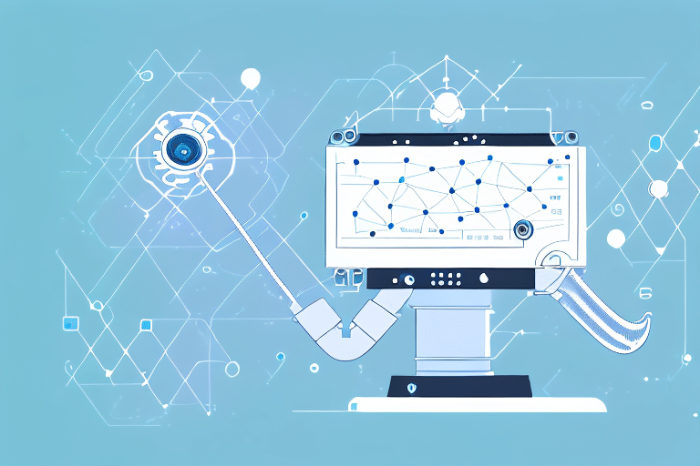 A futuristic robot arm, powered by machine learning, interacts with a digital interface displaying a network of blue nodes and lines. The background features abstract geometric patterns and glowing elements, creating a high-tech atmosphere focused on innovation and customer retention.