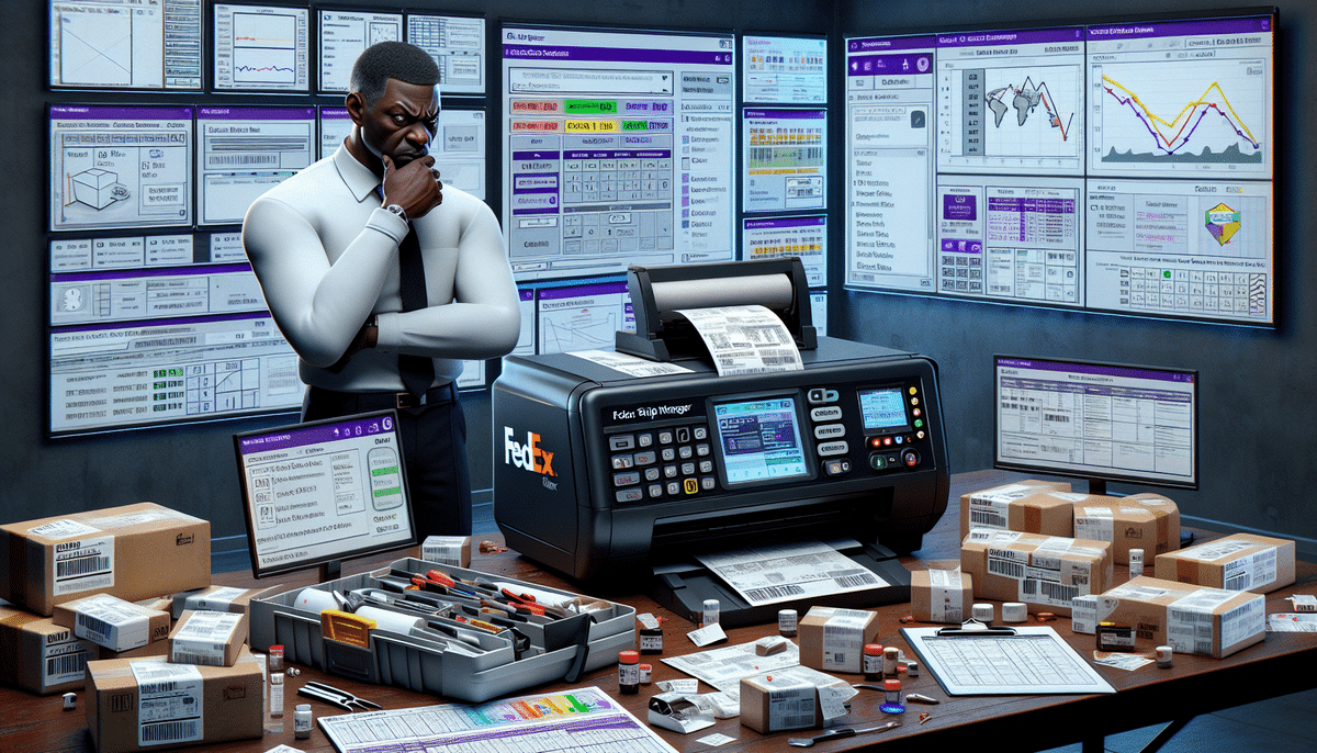 A man stands thoughtfully by a large printer, contemplating potential troubleshooting needed in an office filled with charts and graphs on the walls and small packages on the desk. The scene suggests a focus on data analysis, logistics, and solving printer issues.