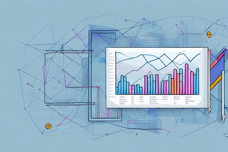 A digital illustration displays a graph with colorful bar and line charts on a screen, highlighting operating margins. The background features abstract geometric shapes and connections, suggesting data analysis or cost management trends. The color scheme is blue with accents of pink, orange, and white.