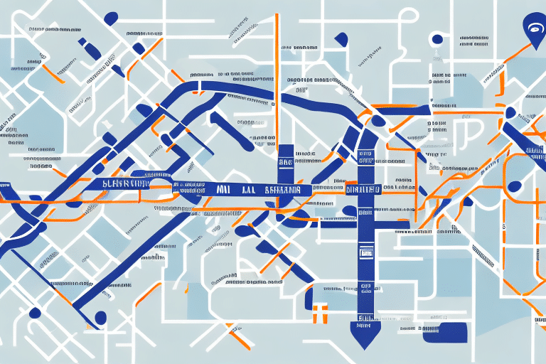 Abstract representation of a subway map with intersecting blue and orange lines, labeled in English and Georgian, set against a light blue background. The map, akin to troubleshooting in UPS Worldship, includes marked stations and various directional routes for easy navigation.