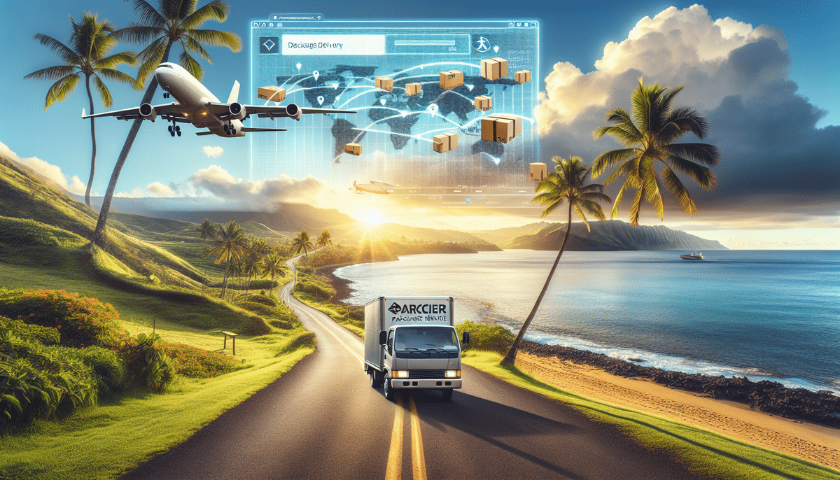A delivery truck travels on a scenic coastal road in Hawaii with palm trees at sunrise. An airplane flies overhead, and a digital map with parcel icons hovers in the sky, symbolizing FedEx SmartPosts global logistics and delivery network.