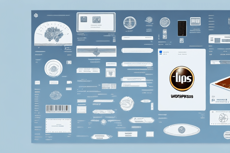 A display of various designs, including text, logos, and patterns on a blue and white background, resembling print label mock-ups for multiple packages or official documents with security features.
