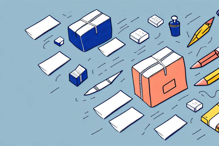 Illustration of office supplies scattered on a blue surface, ready to pack an item for FedEx. Notebooks, pens, erasers, and loose paper sheets in shades of blue, orange, and yellow are arranged in a casual yet dynamic pattern.