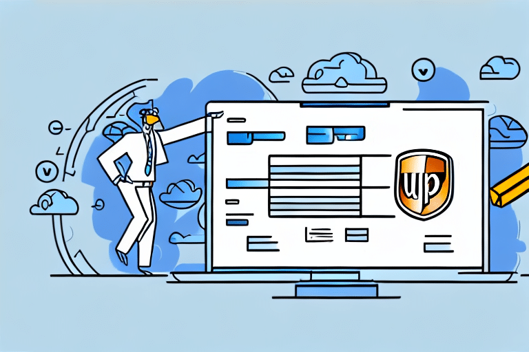 A person in business attire stands next to a large computer screen displaying a security shield logo with wp on it. Blue clouds and check marks, reminiscent of UPS WorldShips secure features, surround the screen, symbolizing internet security and cloud computing.