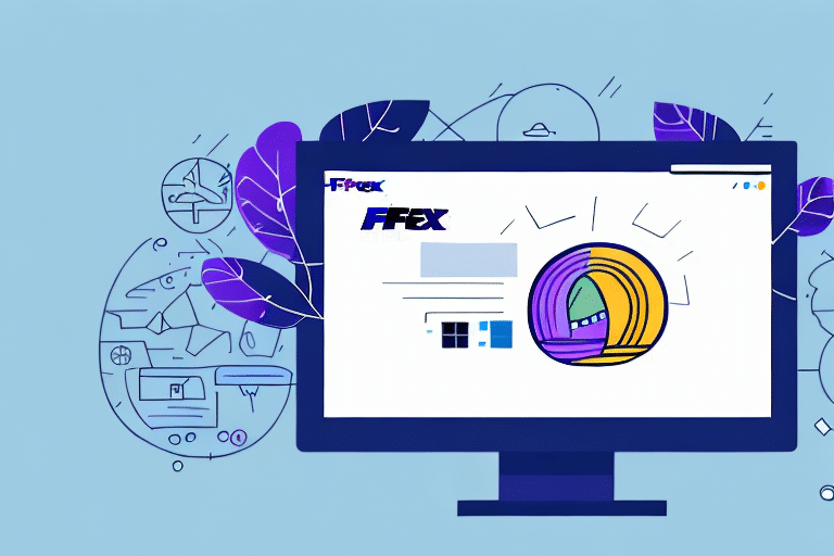 A stylized illustration of a Windows 10 computer screen displaying abstract digital content, including colorful circular graphs and geometric shapes. The background features various line art designs and abstract motifs, all on a blue backdrop.