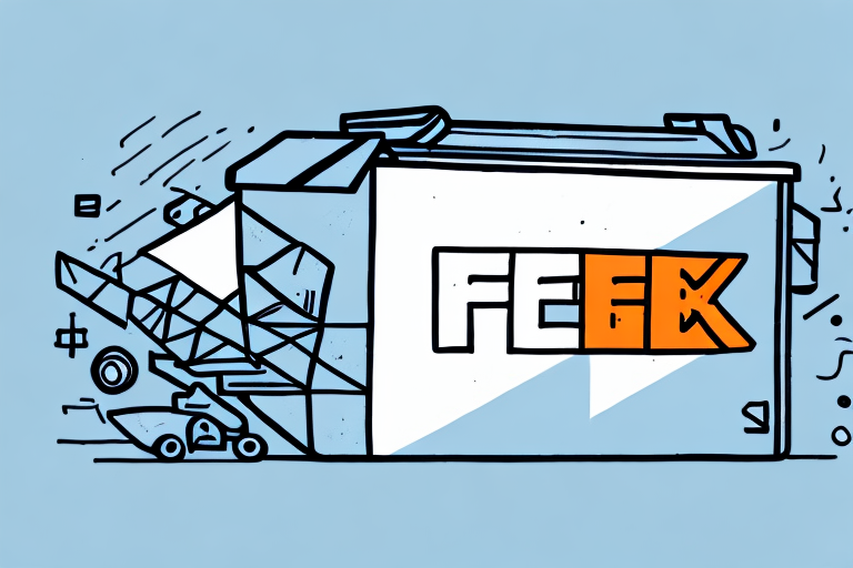 Illustration of a stylized race car zipping into a large FedEx 2-Day box adorned with FE and an orange K. The scene bursts with geometric shapes and dynamic lines against a light blue background, capturing the essence of swift movement and speed.