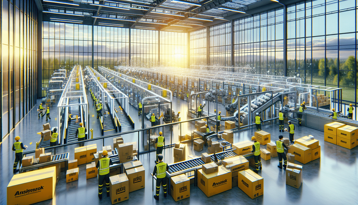 A large, modern fulfillment warehouse with automated conveyor systems and numerous workers wearing high-visibility clothing. They are sorting and packing boxes. Sunlight streams through the tall windows, brightening the organized and efficient 3PL logistics space.
