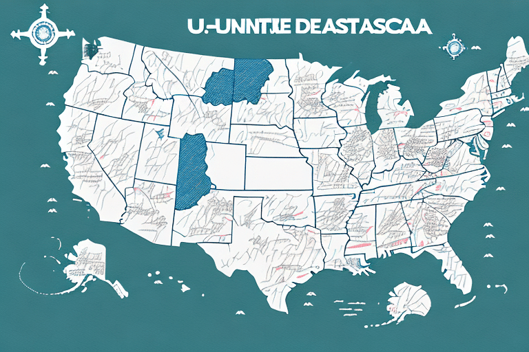 A stylized map of the United States, resembling a FedEx Ship Manager interface, features playful, altered state names and clear borders with neighboring countries. The default teal background complements decorative compass roses in the corners.