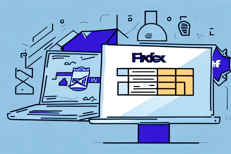A stylized digital illustration features a computer screen displaying the FedEx Ship Manager website with an orange grid pattern. Surrounding elements include a laptop showing how to import multiple addresses and abstract shapes on a blue background.