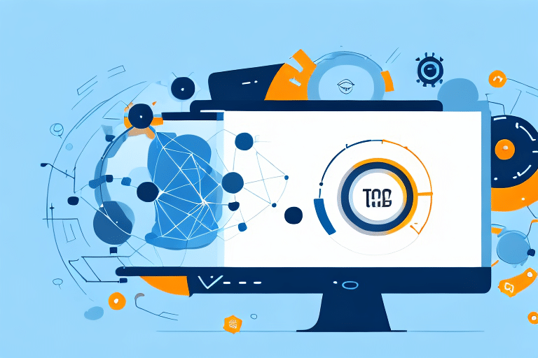 A computer monitor displaying a futuristic interface with abstract geometric shapes and circular graphs seamlessly integrates the Manage OnTrac system. The central focus is on a circle labeled Tab. The light blue background enhances the modern, tech-inspired aesthetic, inviting users to optimize their experience.
