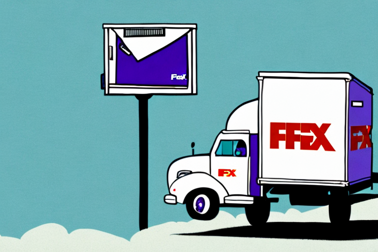 A cartoon showing a delivery truck with FFEX logos trying to deliver a parcel to a large mailbox on a tall post. The mailbox has an incorrect address and sports a FedEx logo, making it comically challenging for the truck to reach.