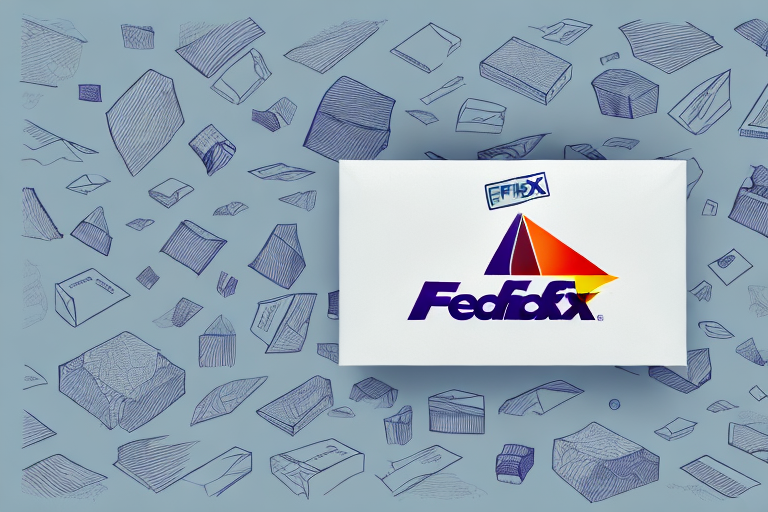 A FedEx envelope is prominently displayed against a background featuring various illustrated packages, envelopes, and mail items scattered throughout, embodying the signature look of efficient delivery.