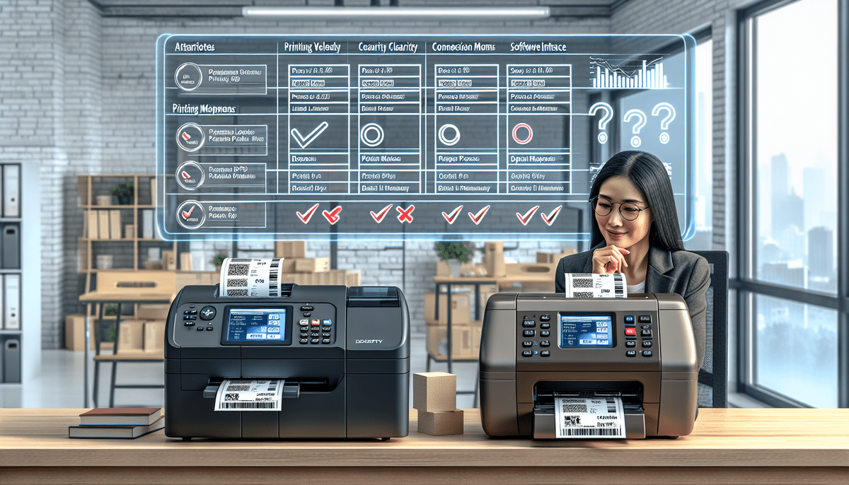 A woman sits at a desk with two label printers, including the Brother QL-1100. She examines labels printed by each. Behind her, a digital screen showcases printer specifications and performance data, featuring printing methods and comparison charts of DYMO LabelWriter 4XL and more.