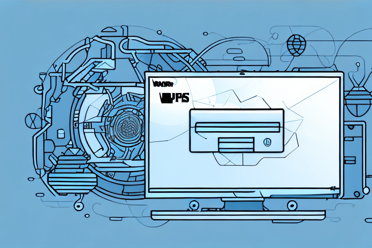 A computer screen displays a login interface with a backdrop of interconnected circuit designs and tech symbols, including UPS Worldship 2019 logos. The blue background also features Microsoft Word and WPS icons, offering a cohesive blend of installation prompts and functional elegance.