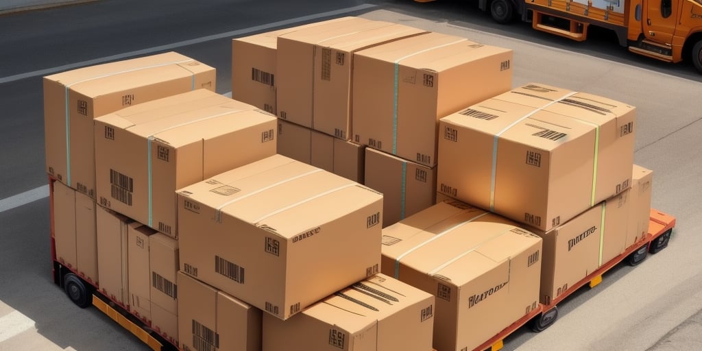A group of stacked cardboard boxes on a flatbed trailer in an outdoor setting, ready for transportation. A yellow delivery truck, perhaps managed through UPS Worldship, is visible in the background, indicating a shipping or logistics environment with possible handling charges.