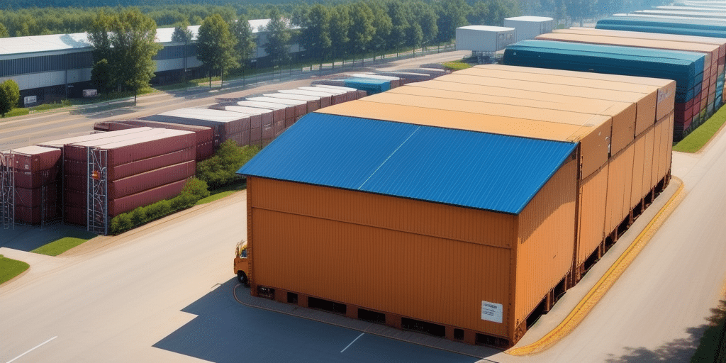 Aerial view of a large orange warehouse with a blue roof, seamlessly integrating Maximum Efficiency. Its surrounded by stacked shipping containers and green trees lining a nearby road on a sunny day.