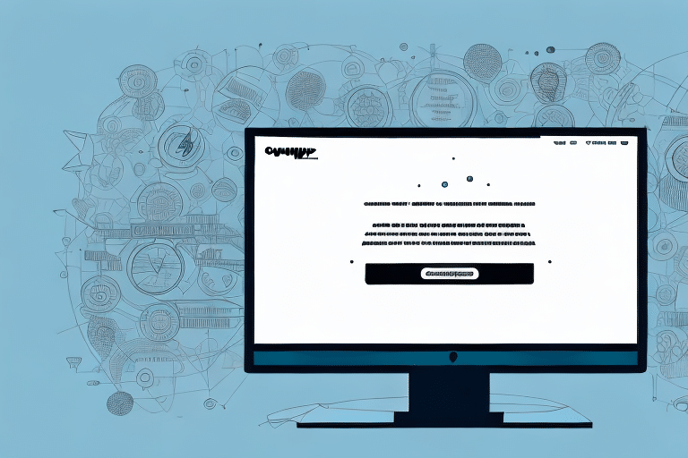 A computer monitor displays a website with a text input box and a submit button. The background features abstract designs with circular and geometric patterns, evoking a digital theme. A subtle hint of a UPS WorldShip error message adds an unexpected twist to the light blue canvas.