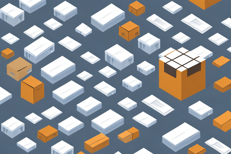 Aerial view of variously sized white and orange cardboard boxes scattered randomly on a gray surface. The boxes vary in dimensions, appearing to float, creating an efficient pattern that resembles a 3D grid with hints of order consolidation.
