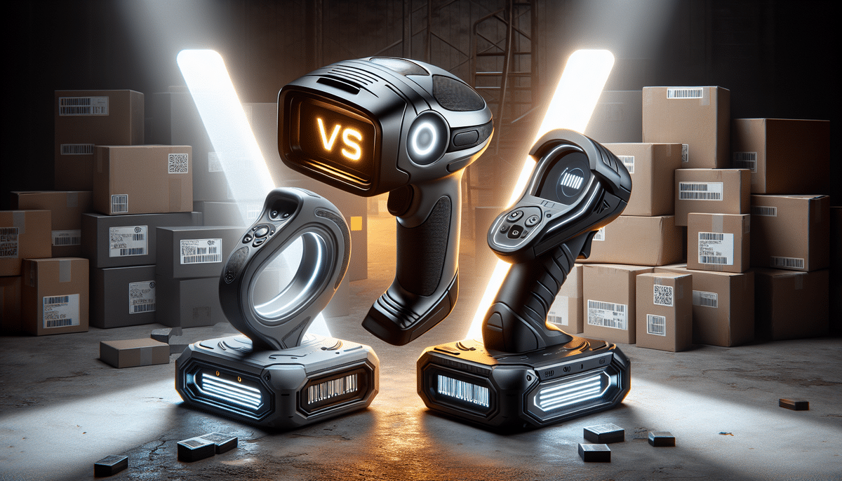 In a futuristic, game-like warehouse scene, three advanced barcode scanners—Honeywell Xenon 1900g and Zebra DS8178 among them—stand surrounded by cardboard boxes. The center device boldly displays VS, as bright lights from above illuminate the intriguing comparison.