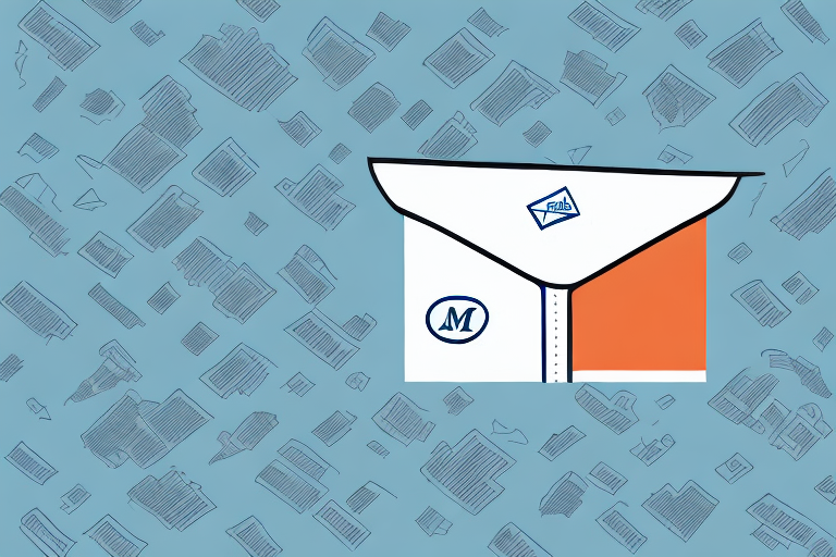 An illustrated design showcases an open envelope on a blue and orange background. The envelope, labeled with an M and a paper plane icon, suggests the essence of Priority Mail. The backdrop features various outlined rectangular shapes.
