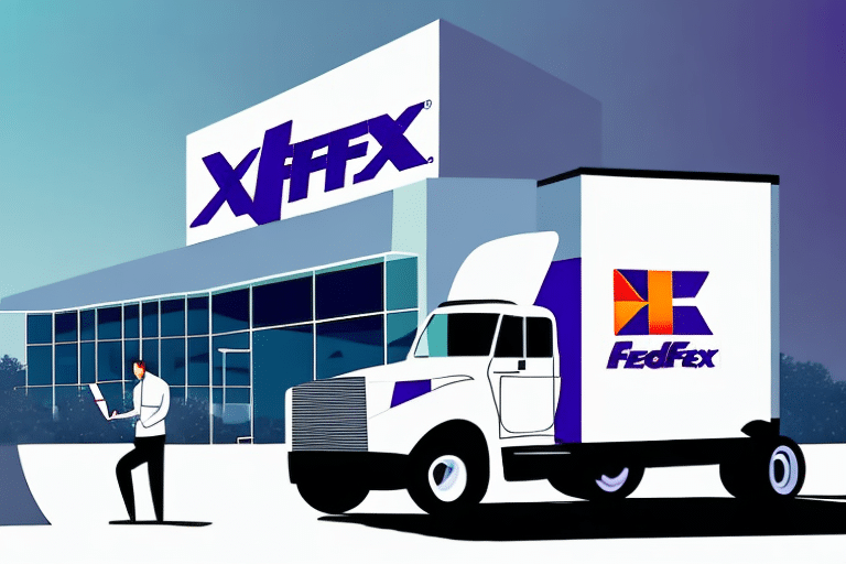 A delivery truck with the FedEx logo is parked in front of a modern building with a large XIFFX sign. Nearby, a person holds a laptop, perhaps troubleshooting authentication errors on the FedEx Ship Manager, all under the clear blue sky.