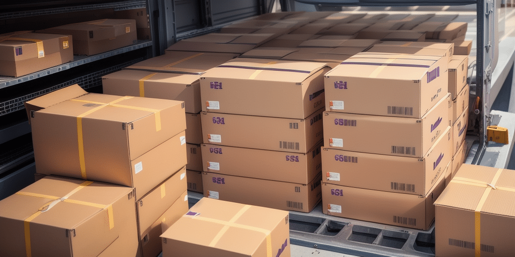A delivery van filled with neatly stacked cardboard boxes features yellow and purple tape, with visible labels and barcodes. FedEx Ship Manager Server ensures efficient handling. Shelving on the left holds additional boxes, suggesting a large shipment ready for the end-of-day process.