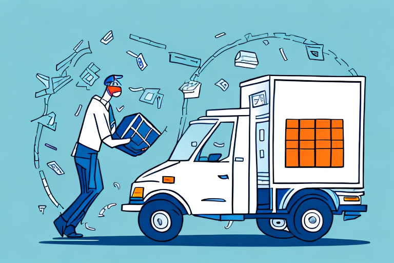 Illustration of a delivery person expertly loading a box into a white delivery truck with an orange grid design, showcasing the benefits of efficient job performance. Papers and envelopes swirl in the air against a light blue background.
