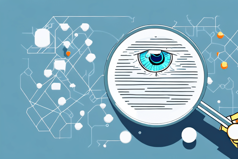 An illustration of a magnifying glass with a blue eye at its center, set against a light blue background with interconnected lines and abstract shapes, conveys themes of research or analysis—a perfect visual for exploring SEO keywords to improve your websites performance.