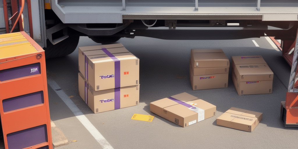 Several cardboard boxes with purple and brown packing tape are scattered on the ground beside a delivery truck. A yellow parcel is visible among the boxes, hinting at a troubleshooting session for FedEx Ship Manager amidst this delivery or loading scene.
