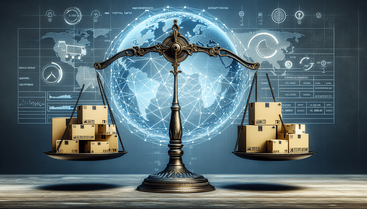 A balanced scale with boxes on each side, set against a backdrop of a digital globe and data graphics, symbolizes global trade and commerce, highlighting the impact of UPS daily shipping rates in the interconnected market.