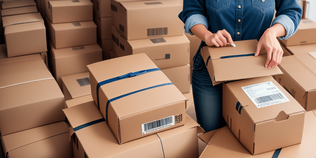 A person in a denim shirt is sealing a cardboard box with tape, surrounded by stacks of similar boxes adorned with barcodes and shipping labels. The scene suggests a busy packing or shipping environment, efficiently optimized to manage USPS tasks seamlessly.