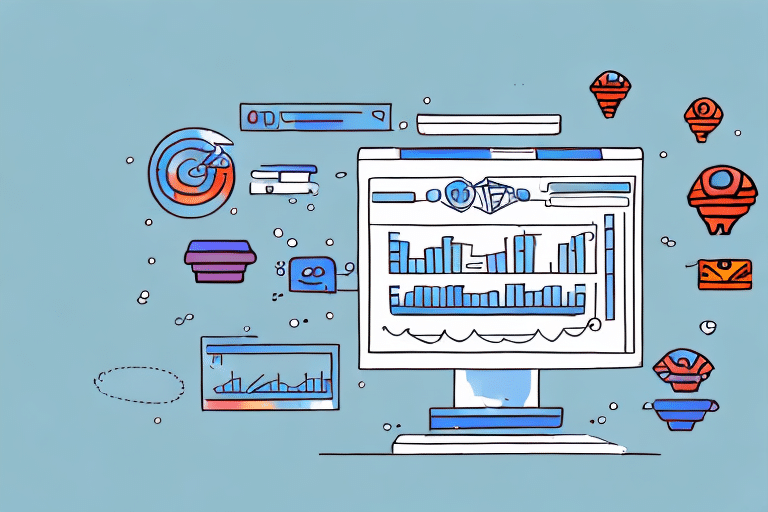 An illustration of a computer monitor displaying data charts and graphs, surrounded by floating icons and symbols representing ecommerce analysis. The light blue background accentuates a digital theme, highlighting the journey towards enhanced operational efficiency.